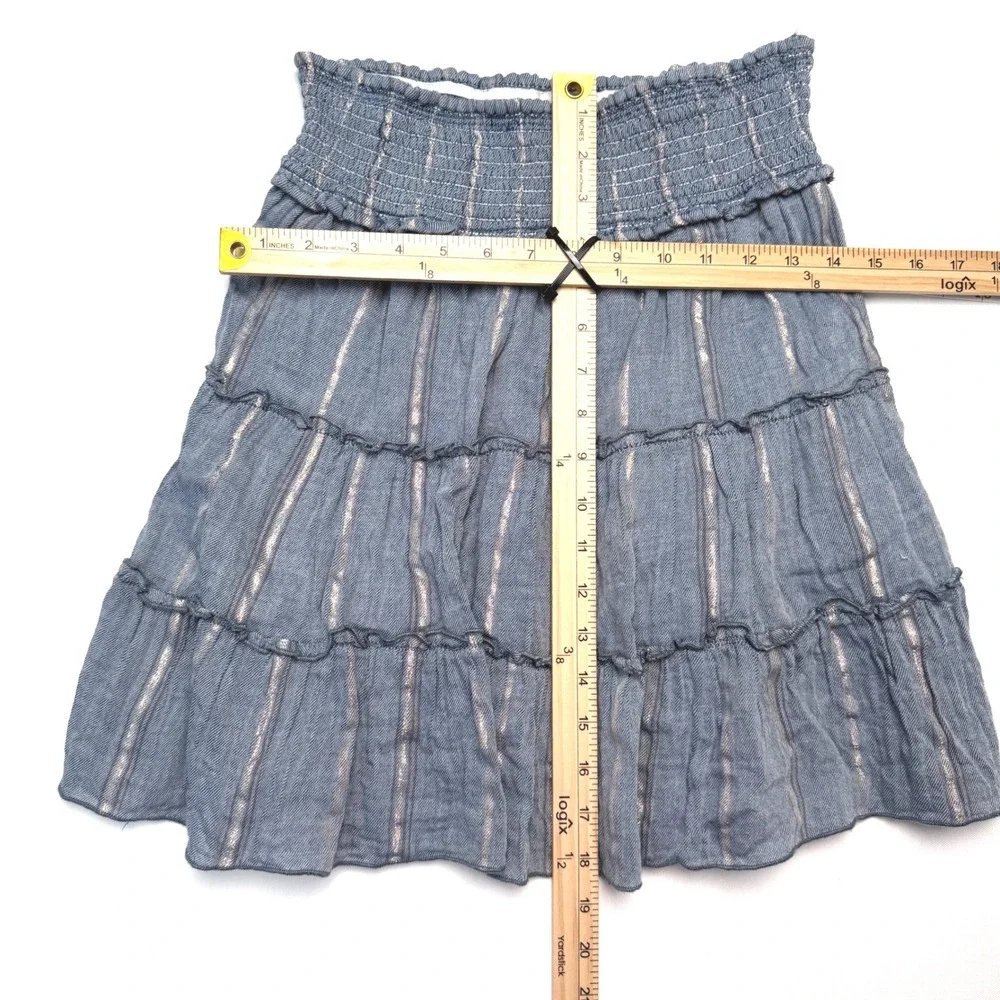 Surf Gypsy Blue Metallic Stripe Tiered Mini Skirt Smocked Boho Beach Medium - Picture 4 of 8
